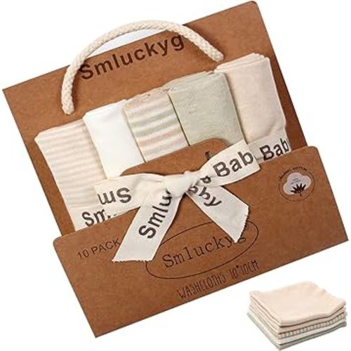 10-Pack Organic Baby Washcloths - Ultra Soft Organic Cotton Reusable Towels, Gentle for Newborn Sensitive Skin, Perfect for Baby Towels, Feeding & Travel Care (Multicolor)
