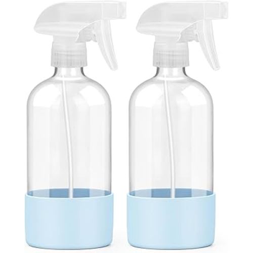 2 Pack Glass Spray Bottles with Silicone Sleeve, 16 oz Empty Refillable Containers with Adjustable Spray Nozzles, Spray Bottles for Hair, Cleaning Solutions and Plants Blue