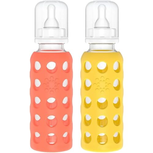 Lifefactory Glass Baby Bottle BPA Free | Protective Silicone Sleeve | 9 oz Pack of 2 | Mango, Papaya