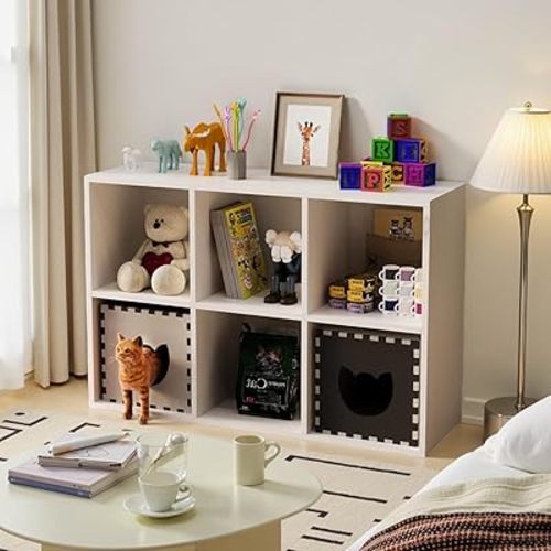 LDarqeer-|White Bookshelf|Horizontal Bookshelf|6-Cube Storage Organizer|Cubical Storage Shelf|-Ideal for Home/Living Room/Bedroom，organizing Clutter, Storing Books,Toys & More(Easy to Install)