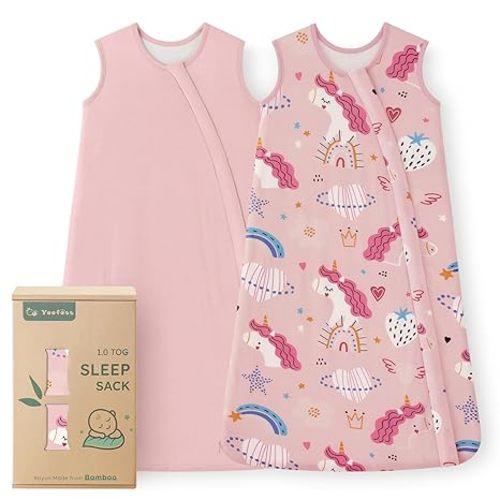 Yoofoss Rayon Made from Bamboo Baby Sleep Sack 0-6 Months TOG 0.5 Baby Wearable Blanket, Super Soft Infant Toddler Sleeping Sack 2-Way Zipper, Pink&Unicorn