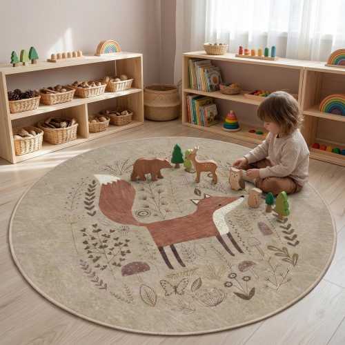 Round Woodland Fox Nursery Rug, Boho Forest Animal Kids Room Decor, Neutral Playroom Carpet