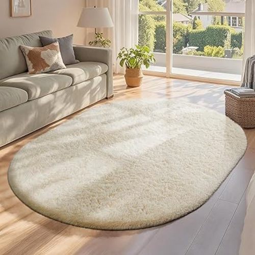 Ophanie 4x6 Oval Ivory Rugs for Bedroom Living Room, Fluffy Fuzzy Furry Carpet, Plush Soft Shaggy Bedside Indoor Floor Area Rug for Kids Girls Boys Baby Teen Dorm Nursery Home Decor Aesthetic
