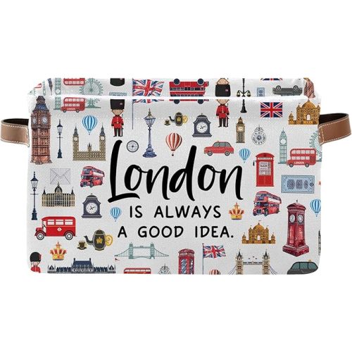 London Themed Storage Basket, Collapsible Souvenir Bin with Handles for London Lovers -Red Bus & Big Ben Print Organizer for Travel Keepsakes, Kids Room, London Travel Gifts