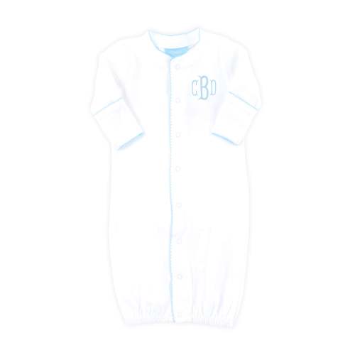 White Layette Gown with Blue Trim