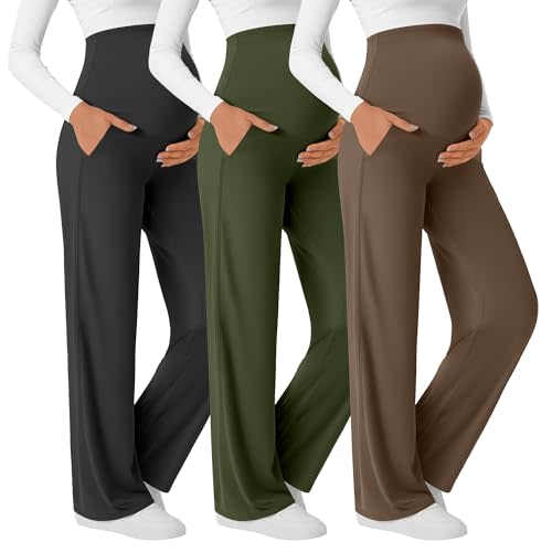 3 Pack Women's Maternity Yoga Pants Lightweight Over The Belly Pregnancy Pants Wide Leg Stretchy Lounge Trousers