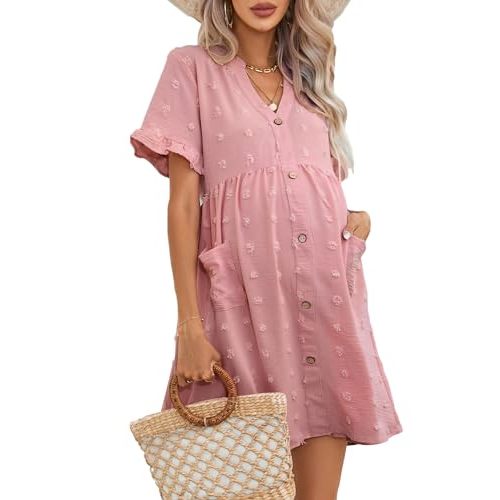 KOJOOIN Maternity Swiss Dot Dress Summer V Neck Short Sleeve Button Down Mini Dress Baby Shower Photoshoot with Pockets