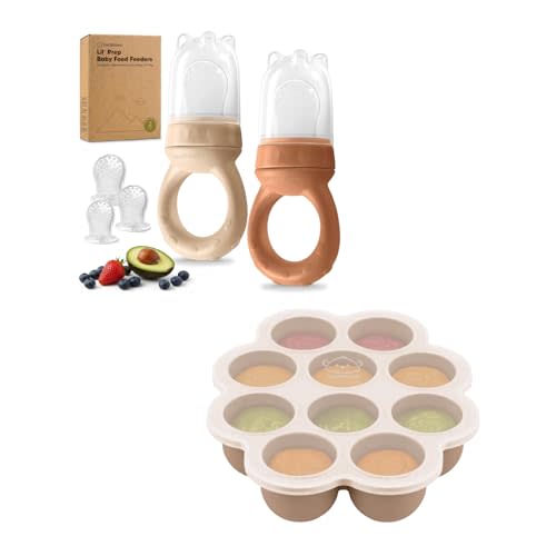 KeaBabies 2-Pack Baby Fruit Feeder and Silicone Baby Food Freezer Tray with Clip-on Lid - Silicone Food Feeder for Infants 6-12 Months, Breast Milk Popsicle for Teething, Freezer Molds Storage Tray