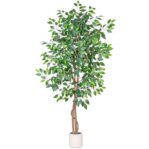 6FT Artificial Ficus Tree with White Planter, Realistic Faux Silk Indoor Outdoor Plant for Home Office Living Room, Porch, Garden Decor
