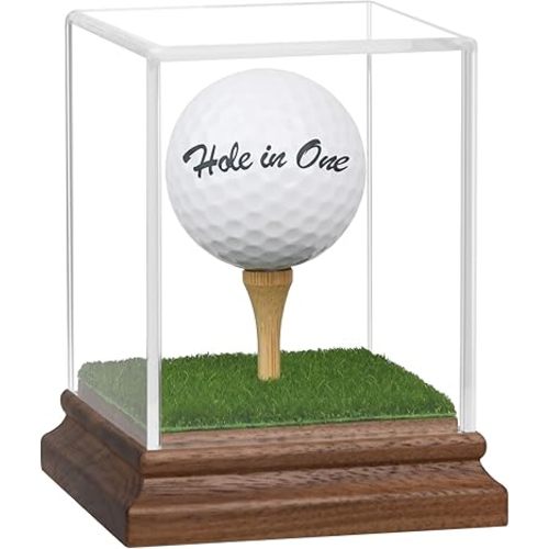 Golf Ball Display Case Hole in One Golf Ball Display Case Holder Wanult Wood Base Acrylic Golf Ball Holder Stand Lifelike Turf Wood Tee Memorabilia Showcase Square Cube Box Stand Golf Gifts Decor