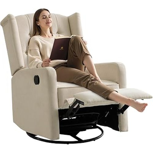 ABAKAN Swivel Rocker Recliner Chair, 360 Degree Nursery Rocking Recliner, Linen Glider Chair with Button Tufted Wingback Chair, for Living Room, Bedroom,Ash Beige