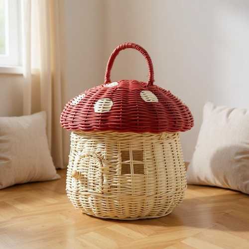 Mushroom House Rattan Basket | Wicker Storage Organizer with Lid | Kids Room Decor | Nursery Toy Storage Box | Woodland Fairycore Decor