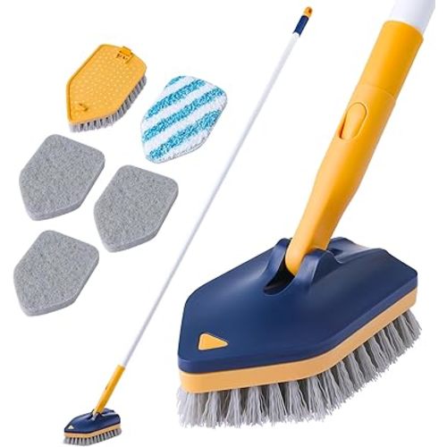 BOOMJOY Tub Scrubber with Long Handle, 58" Extendable 3 in 1 Tub Cleaner Brush with Long Handle, No Scratch Shower Cleaning Brush for Bathtub, Bathroom Ceilings, Toilet, Kitchen, Floor