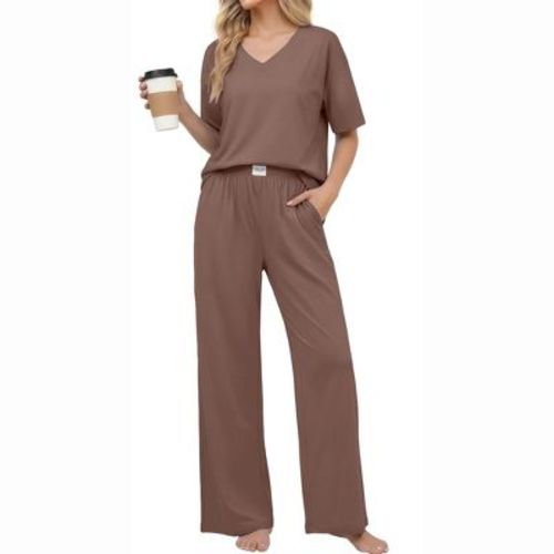 Ekouaer Women' Cotton Pajama Sets Soft Short Sleeve Pjs Long Pants Set Breathable Sleepwear Loungewear Brown L
