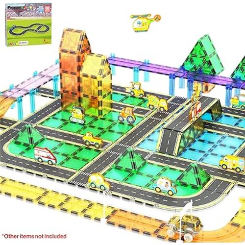 PicassoTiles Magnetic Building Tiles Car Track Magnet Vehicle Adventure Theme Printed Street Road Runway Speedway Highway Block Construction Expansion Add-on Education Learning Toys for Kids 3+ PTE16