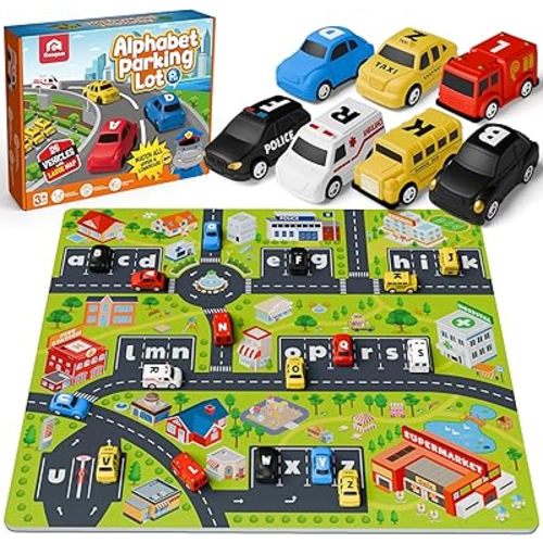 Coogam Alphabet Maze, 26pcs Pull Back Car with Play Mat Preschool Letter Matching Game for 3 4 5 Years Old, Montessori Educational Fine Motor Gift Toy for Toddler Kids