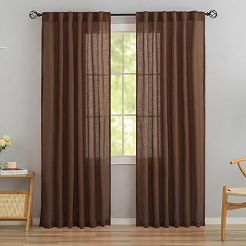 Coffee Brown Linen Back Tab Curtains 84 Inches Long 2 Panels Set for Bedroom - Modern Farmhouse Hooks Belt Pleated Semi Privacy Drapes Shabby Chic Pocket Light Filtering Window Curtains Cappuccino
