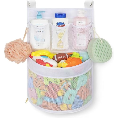 Ligereza Baby Bath Toy Organizer, quick drying, and mould proof, Multiple-Suspension Bath Toy Holder, Large Capacity Multi Use Bathtub Toy Storage Bag(1 Large, White)