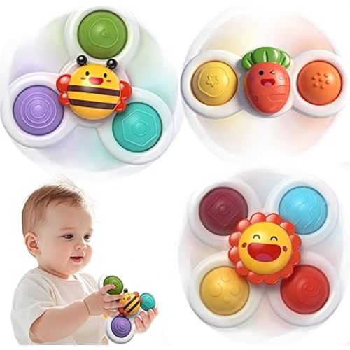 3PC Suction Spinner Toys for Babies 12 Months, Bath & Window Suction Toys, Airplane Travel Activities, Montessori Sensory Fidget Toys, Easter Basket Stuffers Gifts for 1 Year Old Boys Girls