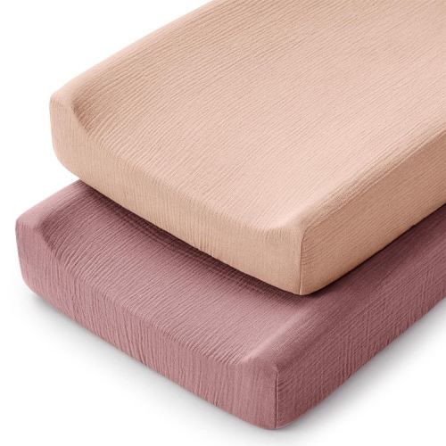 Comfy Cubs Muslin Fitted Changing Pad Cover - Soft, Breathable, Washable 100% Cotton for Comfort - Universal Fit (2 Pack, Mauve and Blush)