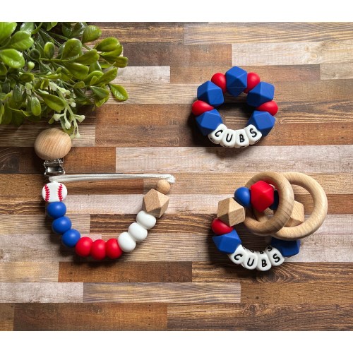 Chicago Cubs Collection - Baseball Clip - Baby Cubs Toy - Baseball Rattle Toy - Red - Navy - Boy Baby Shower Gift - Chicago Cubs Baby Gift