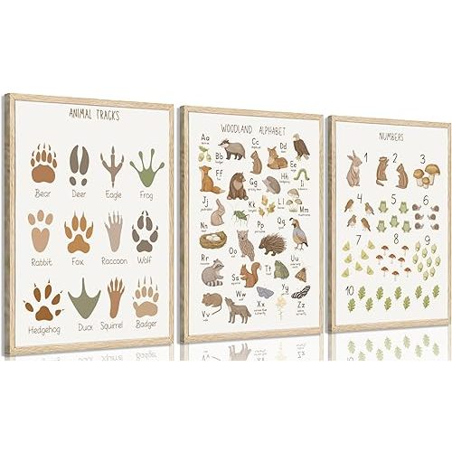 Animal Tracks Wall Art Woodland Animals ABC Wall Decor Alphabet Numbers Educational Posters Prints Nursery Pictures Toddler Learning Paintings Artwork for Classroom Kids Home Decoration