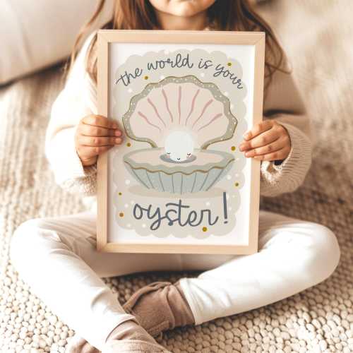 The World Is Your Oyster Print in beige, UNFRAMED Under the Sea Print, Girl Sea Nursery Decor, Quote Print, Ocean Nursery