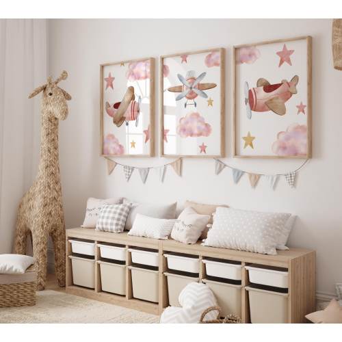 Pink Airplane Nursery Wall Art, Set of 3 Clouds Prints, Stars Posters, Modern Art, Kids Bedroom Decor, Girl Nursery Decor, Playroom Prints