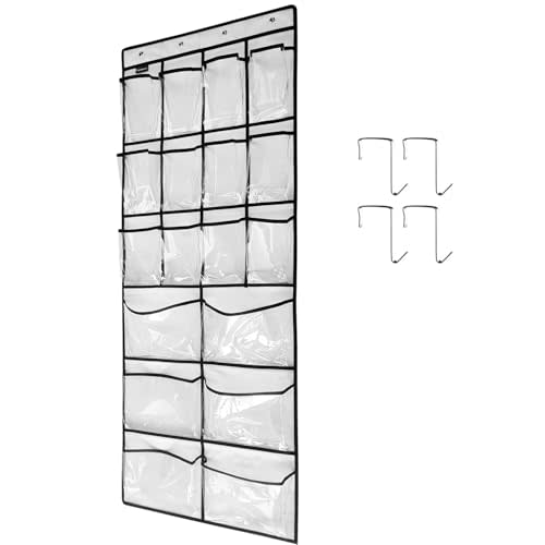 TidyMaster Extra Large Hanging Crystal Clear Over Door Shoe Organizers, Closet Shoe Organizer Shoe Rack Organizer Shoe Storage, 12+6Pockets, 4Hooks, white (59"x 21.6")