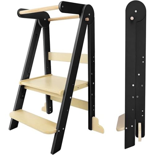 Nordi Foldable Toddler Kitchen Tower,Montessori Kitchen Stools Helper,Standing Tower with 3 Adjustable Heights,Suitable Age for 1.5-6 Years,Black