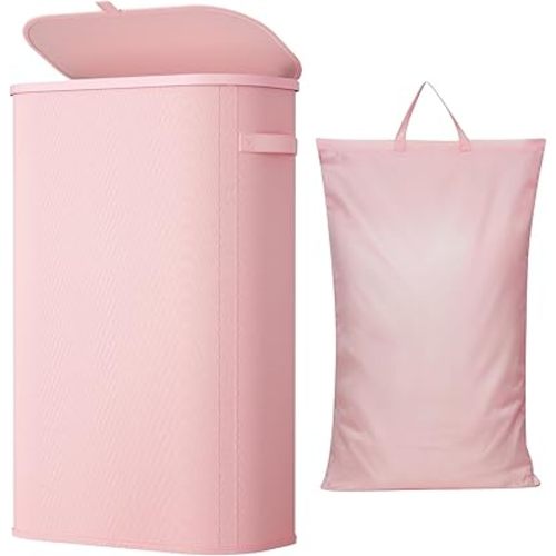 Lifewit Slim Laundry Basket with Lid and Removable Bag, 65L, Pink