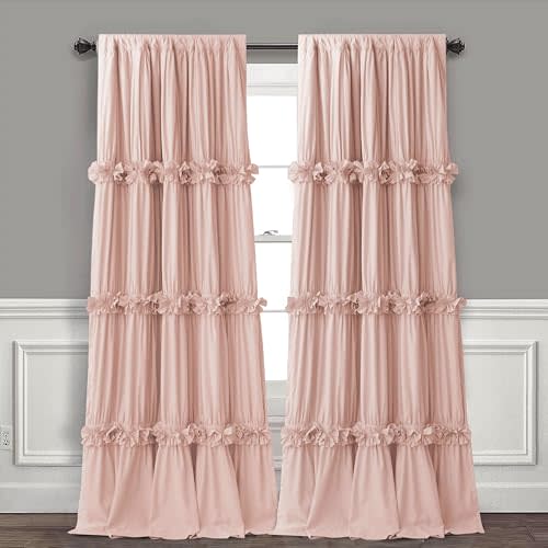 Homechoice Decor Thermal Insulated Blackout Window Curtains, 52" W x 96" L x 2 Panels, Boho Ruched Window Treatments with Butterfly Flowers, Rustic Rod Pocket Drapes for Room, Peach Pink (LQ-30)