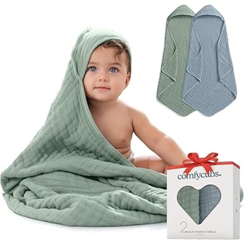 Comfy Cubs Hooded Baby Towel 2-Pack, Large 81 x 81 cm - 6 Layer 100% Muslin Cotton for Babies, Toddlers, Kids - Soft & Absorbent Baby Bath Towels - Unisex Design for Bath Time - Pacific Blue and Fern