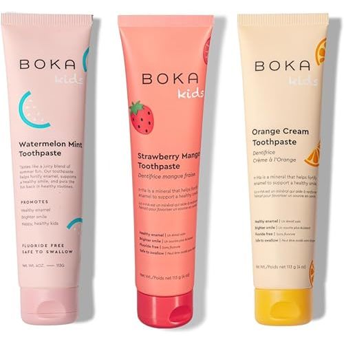 Boka Fluoride Free Toothpaste Nano Hydroxyapatite, Helps Remineralize, Appropriate for Sensitive Teeth, Whitening-for Adult, Kids Oral Care-Orange Cream, Watermelon Mint, Strawberry Mango, 4oz 3Pk