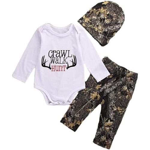 Newborn Baby Boys Long Sleeve Letters Deer Romper Bodysuit Tops Camo Pants with Hat 3 Pcs Outfit Clothes Set
