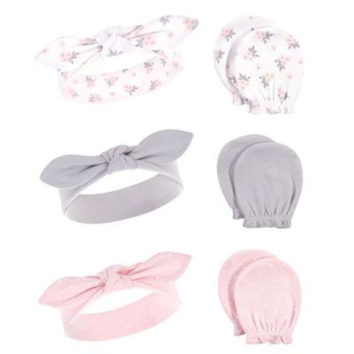 Hudson Baby Infant Girls Cotton Headband and Scratch Mitten 6pc Set, Pink Gray Floral, 0-6 Months