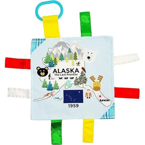 Baby Jack & Co 8x8” Learning Lovey Alaska State Tag Stroller Toy for Babies - Crinkle Toys for Developing Five Senses - Learn About Capitals - Travel with Baby Jack - BPA Free Clip