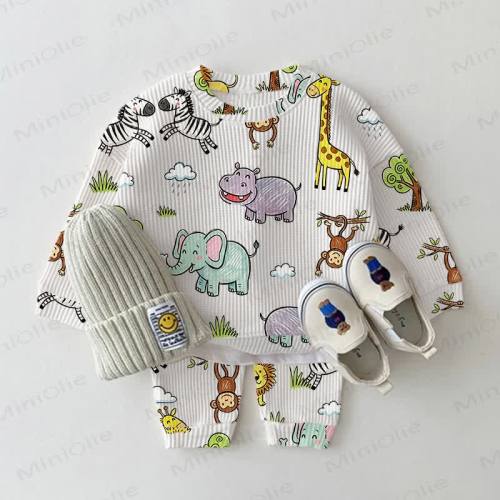 Baby White Animals Print Waffle 2-piece Set