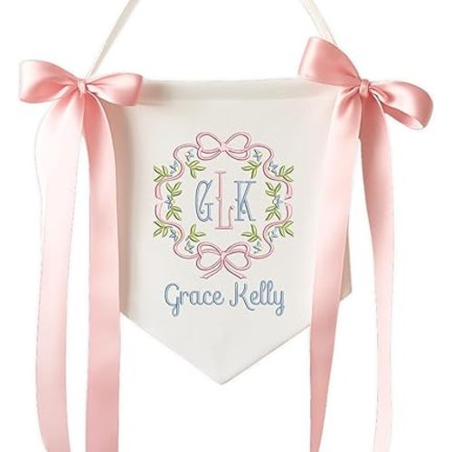 Embroidered Baby Name Sign Personalized Baby Announcement Sign Newborn Baby Banner with Bows Baby Hospital Name Sign Canvas Hanging Pennant Flag Custom Infant Baby Name Baby Shower Banner (13)