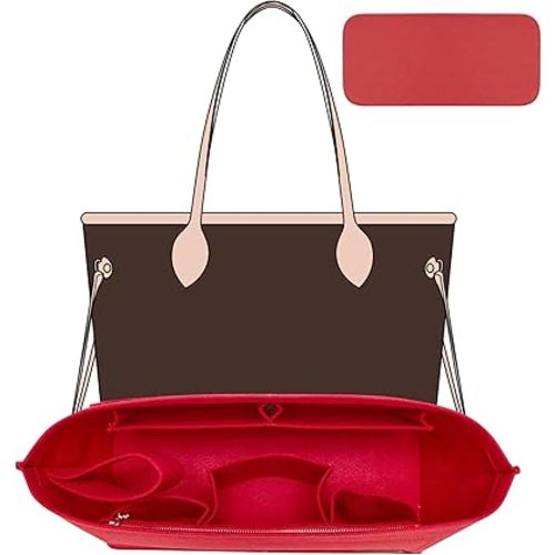 Purse Organizer Insert with Base Shaper,Felt Tote Bag Organizer Insert Compatible with neverfull MM,C.oach City 33,G.oyard SaintLouis PM and More,Bag Inner Shaper for Luxury Bags,Red/L