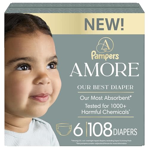 Pampers Amore, Size 6 (23-44 lbs), 108 Count, Our Best Diaper Hypoallergenic & Fragrance Free, Up to 100% Leakproof, Soft as Cashmere