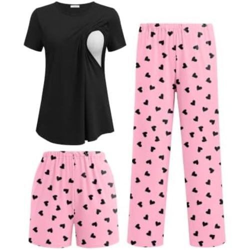 Ekouaer 3 Piece Maternity Nursing Pajamas Set Short Sleeve Breastfeeding Pjs