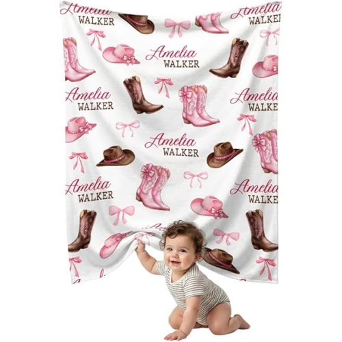 Pink Western Baby Blanket for Girls, Personalized Name Baby Cowgirl Blankets, Super Soft Fleece Blanket for Newborn Infant, Lightweight Bed Throw Nursery Blanket for Daughter