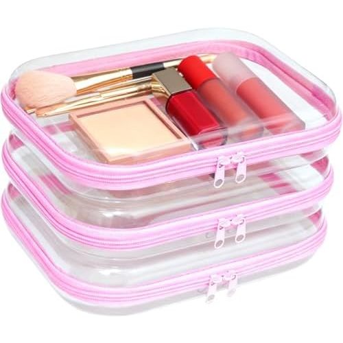 3PCS Clear Hard Plastic Zipper Case, Double Zippers Hard Pouch, Portable Travel Organizer Bin Clear Makeup Bag for Toy Storage, Snack Bag, Cosmetics, Pencil Case, Diaper Bag, Toiletry Bag(3PCS-M-Pink)