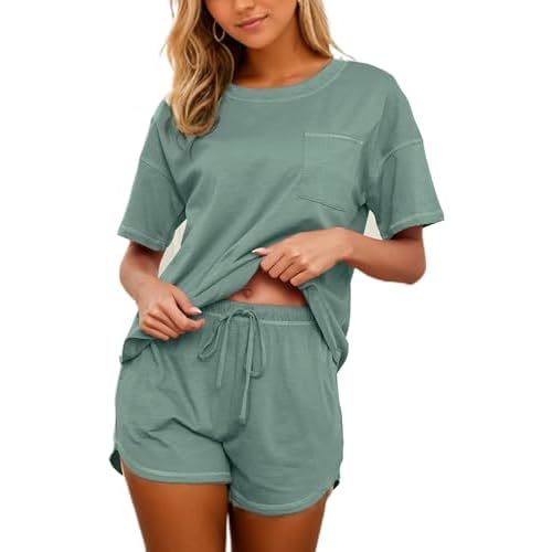 KCW Pajamas for Women Set 2 Piece 100% Cotton Lounge Sets Short Sleeve Top and Shorts Pj Set Sleepwear Outfits