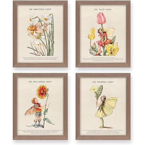 heilkee Fairy Room Decor Aesthetic Vintage Cottagecore Wall Art Fairycore Bedroom Decor Cute Dorm Posters for Teen Girls Flower Faerie Art Prints Goblincore Pictures Set of 4(Brown Framed, 8x10in)
