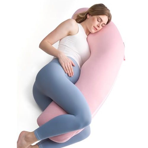Momcozy J Shaped Pregnancy Pillow, Maternity Body Pillow for Side Sleepers | Soft Body Pillow with Removable Jersey Cover for Head Neck Belly Support, Side Sleeper, Must-haves for Pregnant Women Pink