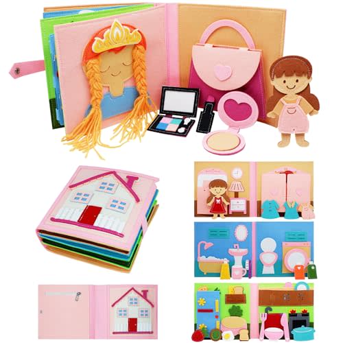 Montessori Felt Busy Book Toddlers Quiet Book Preschool Early Learning Educational Travel Toys for Kids Age 3 4 5 6 Years Autism Sensory Cloth Book Daily House Activity Story Book Girls Gift