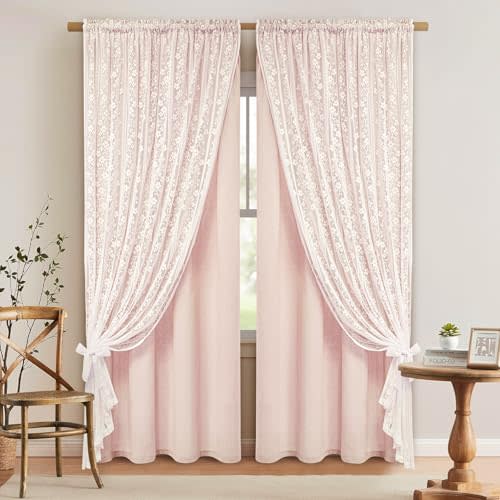 ASPMIZ Linen Pink Curtains for Bedroom, Double Layered Curtain 84 Inch Length 2 Panels Set, Farmhouse Rod Pocket Curtains & Drapes with Tiebacks, Light Filtering Curtain for Living Room, 52 x 84 Inch
