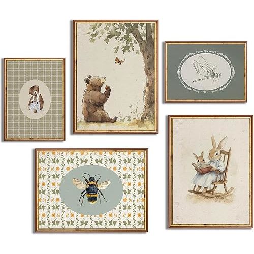 ESHLEUUNG 5Pcs Retro Vintage Animal Canvas Wall Art Nursery Decor Kids Room Painting Farmhouse Animal Pictures for Children's Bedroom Dining Room Wall Decor